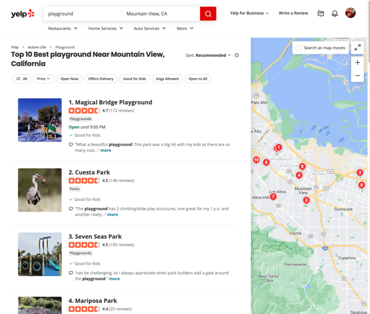 Image shows the Yelp page with a search for "playground" in Mountain View California with the parks listed on the left and the map showing their locations on the right. 