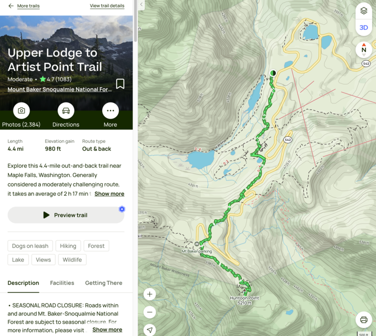 Screenshot shows the map and trail on the right and the hike information on the left.