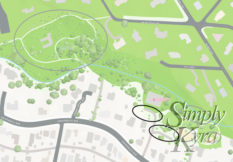 Image is a screenshot of the map of Shoup Park marked with grey and black to show the playgrounds and parking spots.
