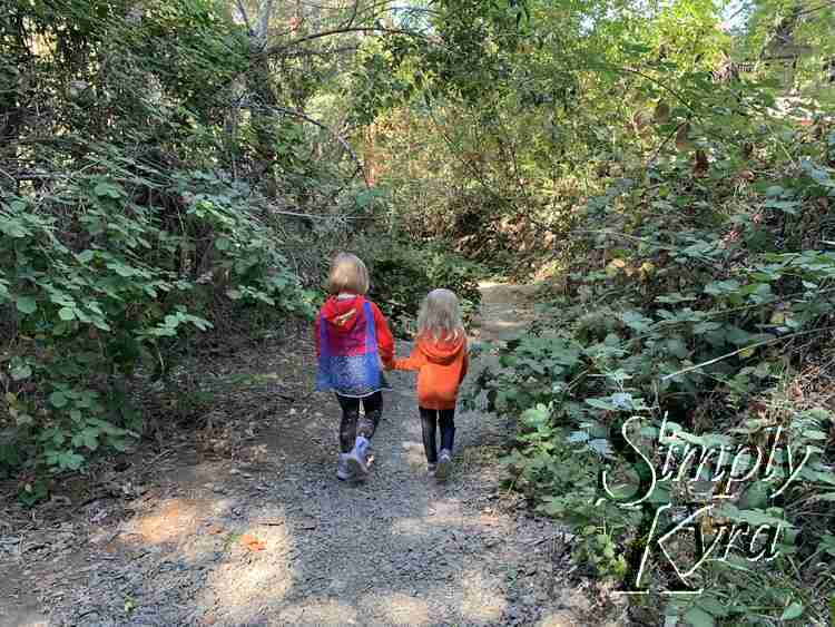 Ada and Zoey walking hand in hand along the path in the trees.