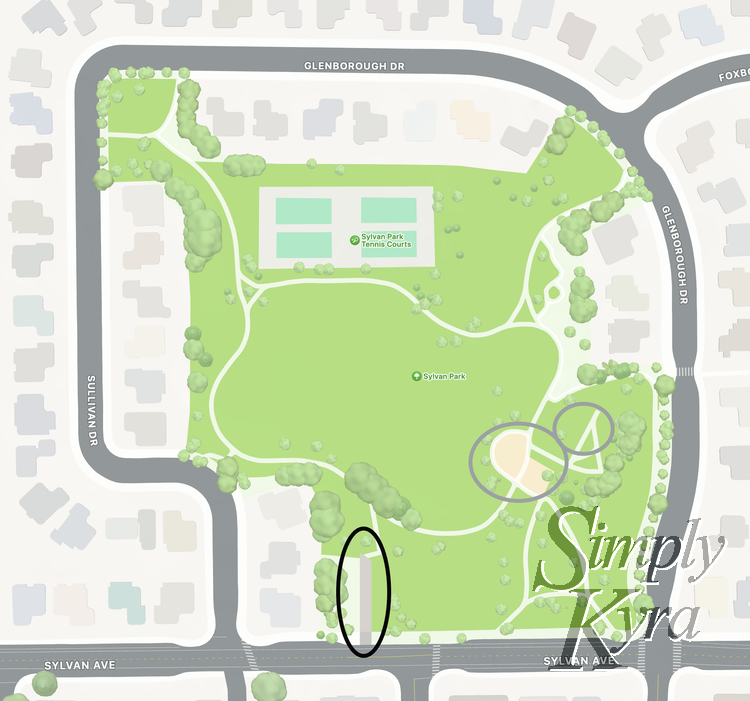 Image is a screenshot of the map of Sylvan Park marked with grey and black to show the playgrounds and parking spots.