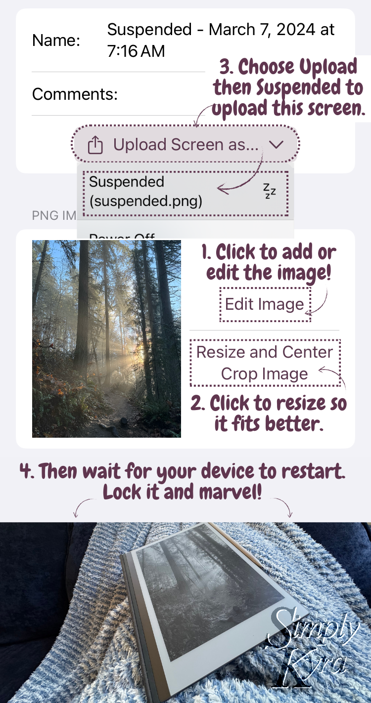 Image is a collage showing the simple steps when creating a screen image. You create one, edit the image to add, resize if needed, and upload. 
