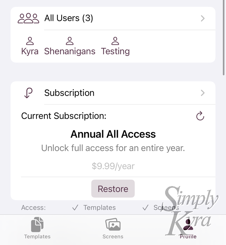 Screenshot of part of the Profile tab showing the users and subscription.