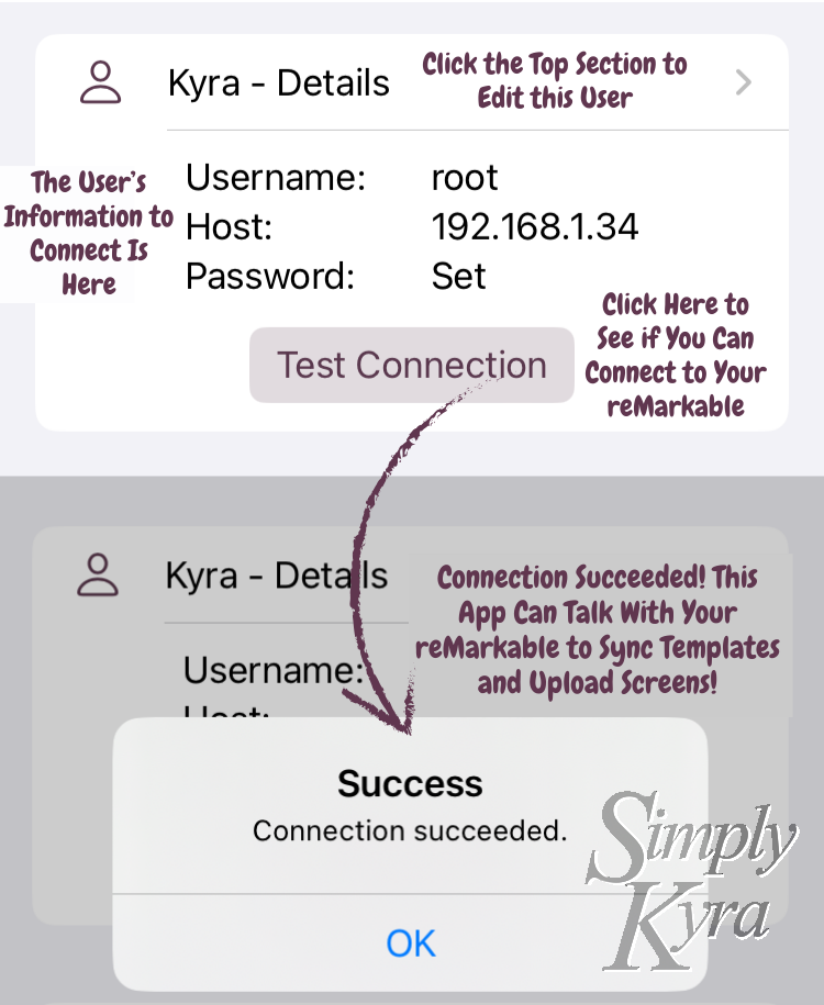 Collage showing the information about the user including a test connection button to see if you can connect.