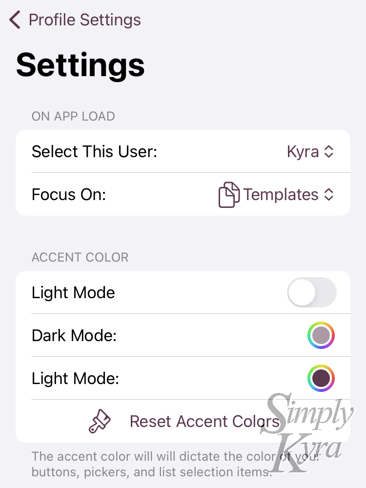 Screenshot of the settings showing the values on app load (user and tab) along with the accent color values.