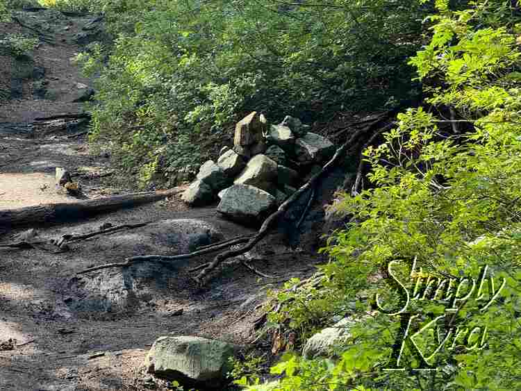 Image shows a pile of rocks to the right of the trail showing the turn off from the PCT trail and up to Silver Peak.