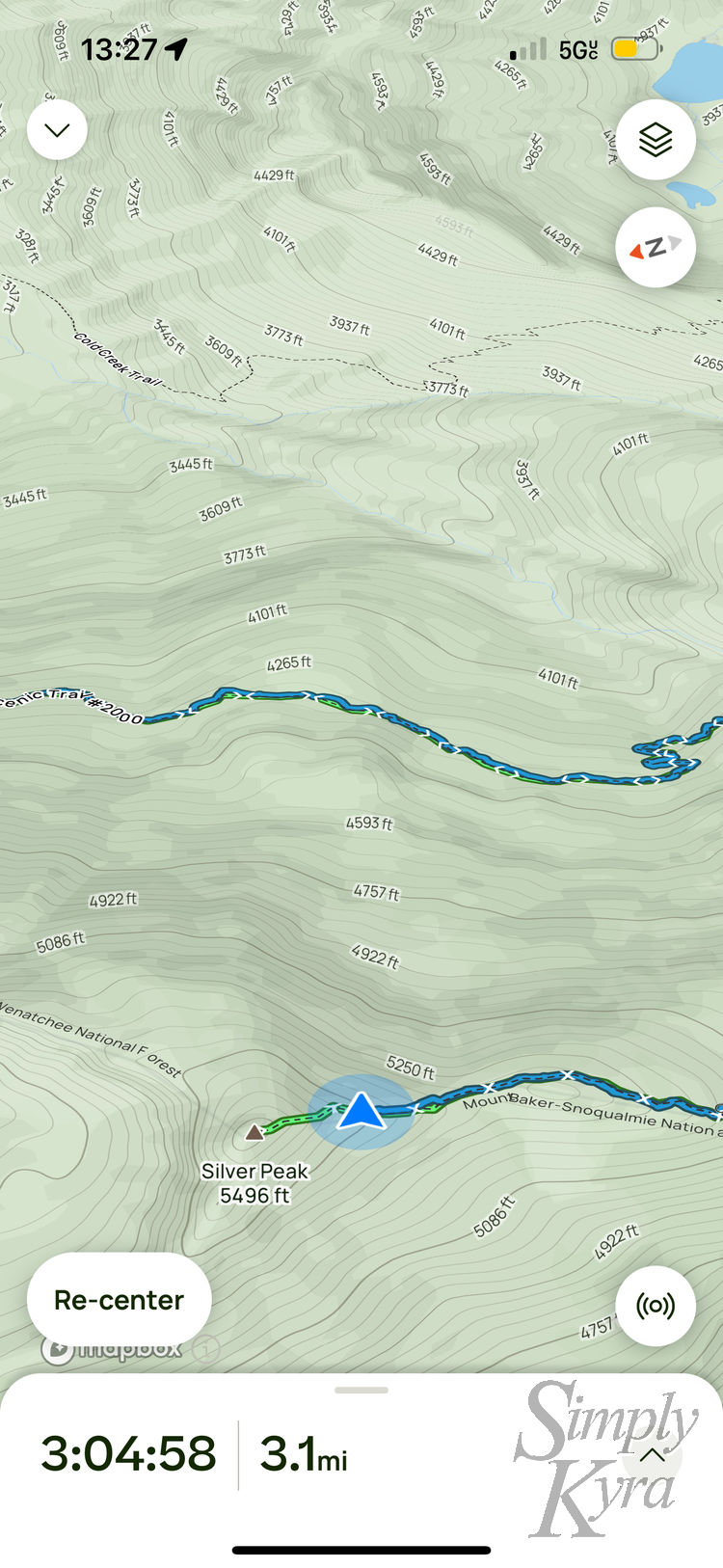 Screenshot of the AllTrails app 3.1 miles in at 3 hour in after we stopped for food. We were so close but decided to turn around so we didn't need to drive (or hike) in the dark.
