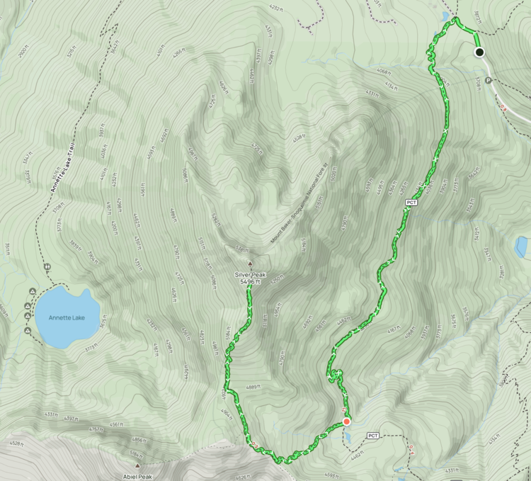 Sceenshot of the hike from AllTrails showing where we started and turned back. 