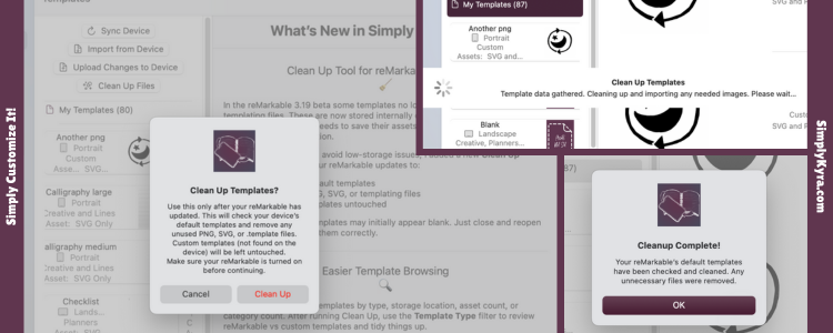 Image shows the button in the back with the confirmation dialog, running the process, and the success dialog.