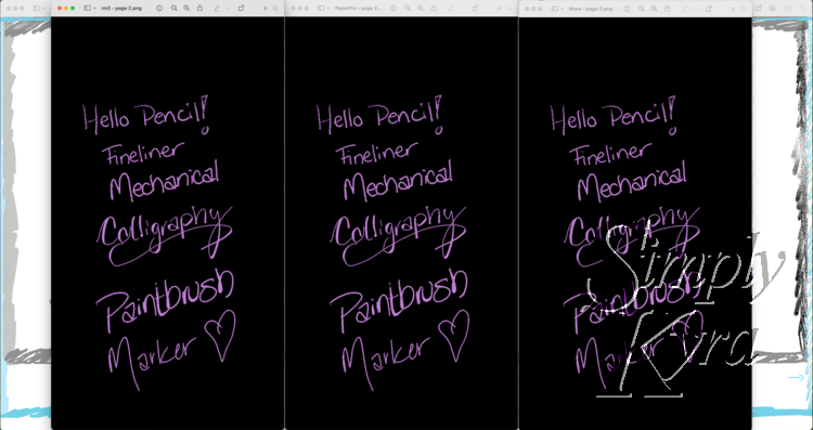 Black background handwriting exported from each device, side-by-side