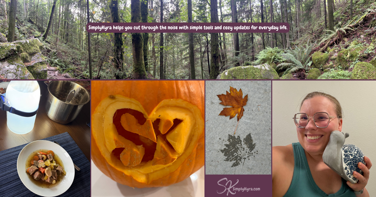 Collage of some trees with text over it, a lit up vinegar bottle next to food, an SK carved pumpkin, a leaf next to it's wet stamp, and me next to a concrete and glass snail.