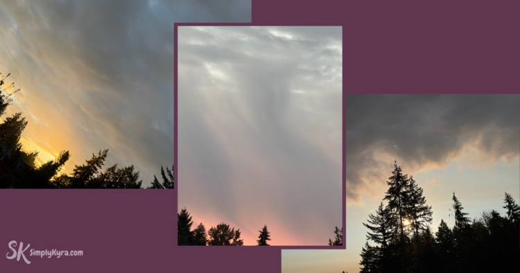 Collage of three sunrises against a purple background.