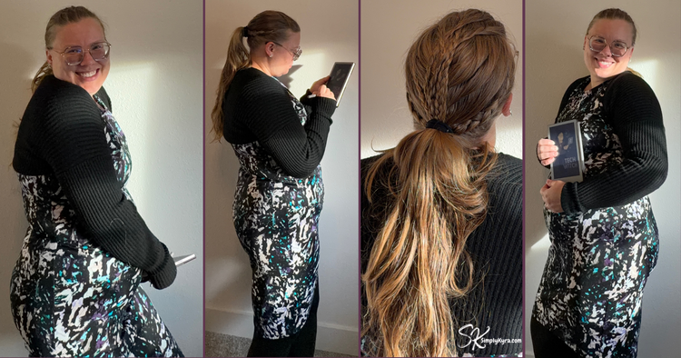 Collage of four full body looks. From the side and one from the back looking up to show the hair.