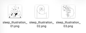Image shows three square white backed images all called sleep_Illustration followed by 01, 02, and 03.