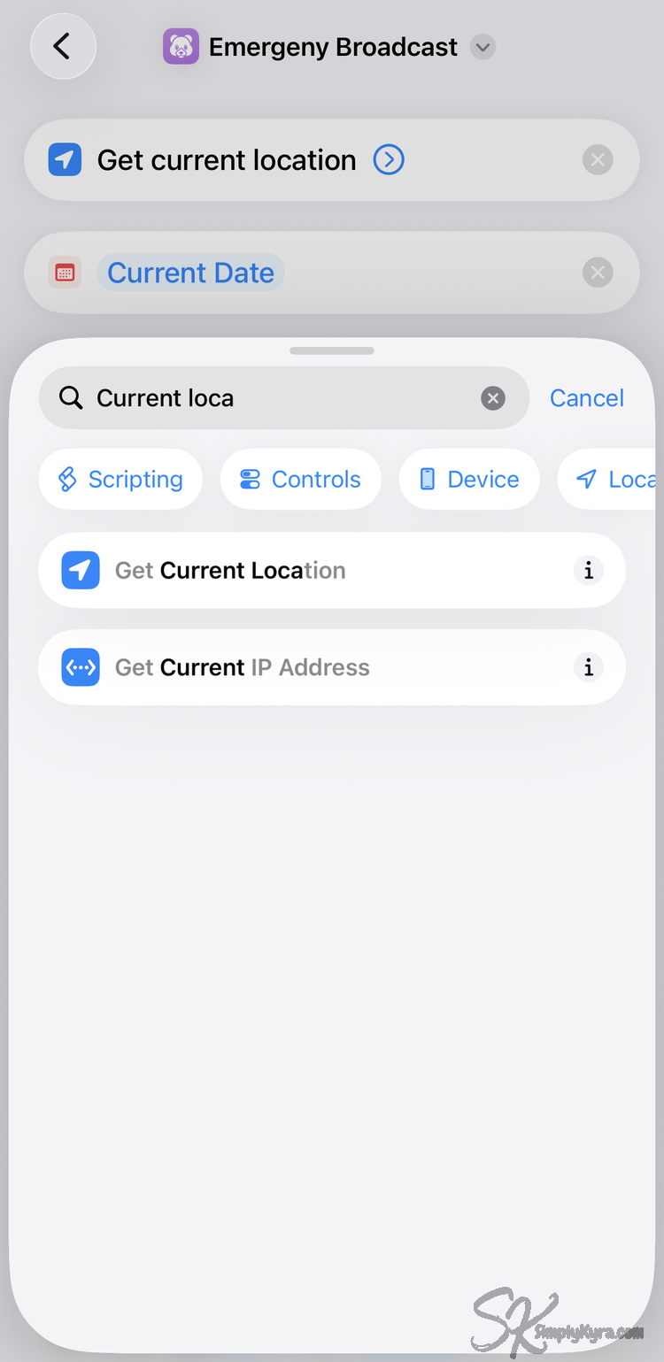 The search sheet now has "Get Current Location" and "Get Current IP Address" showing as I searched for "Current loca".
