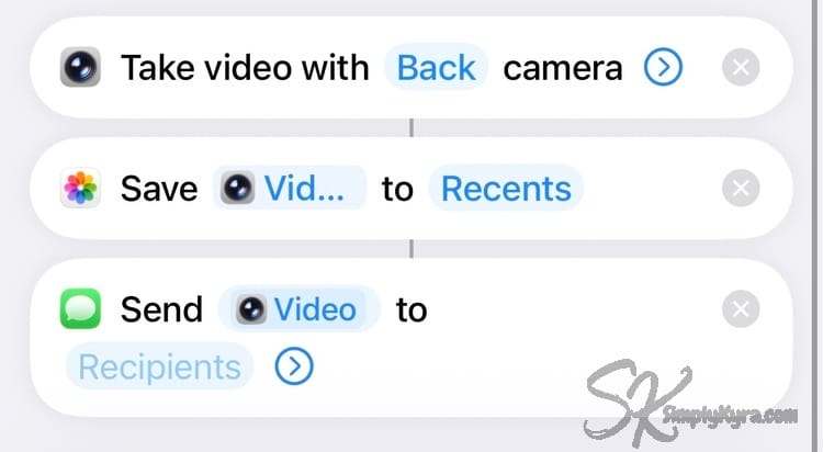 Image shows the three step process I used in the Shortcuts app. 