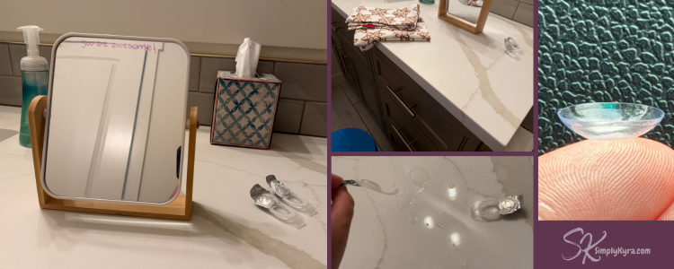 Collage of our setup in the bathroom along with a closeup of the contact when one popped out in the car. 