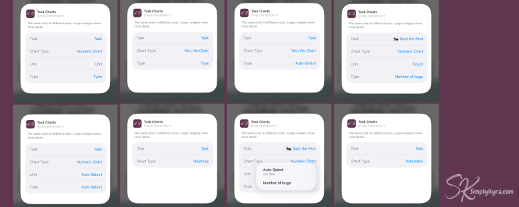 Image shows 8 screenshots of the edit screen showing how many different selections you could do.