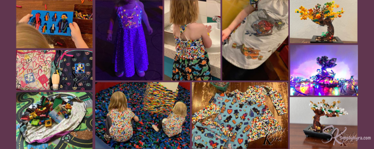 Collage of the crayons, lego on backpack, duple bag, bonsai variations, and clothing.