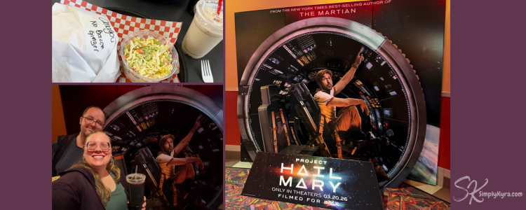 Collage of the display at the theater, Matt and I in front of it, and the restaurant food after. 