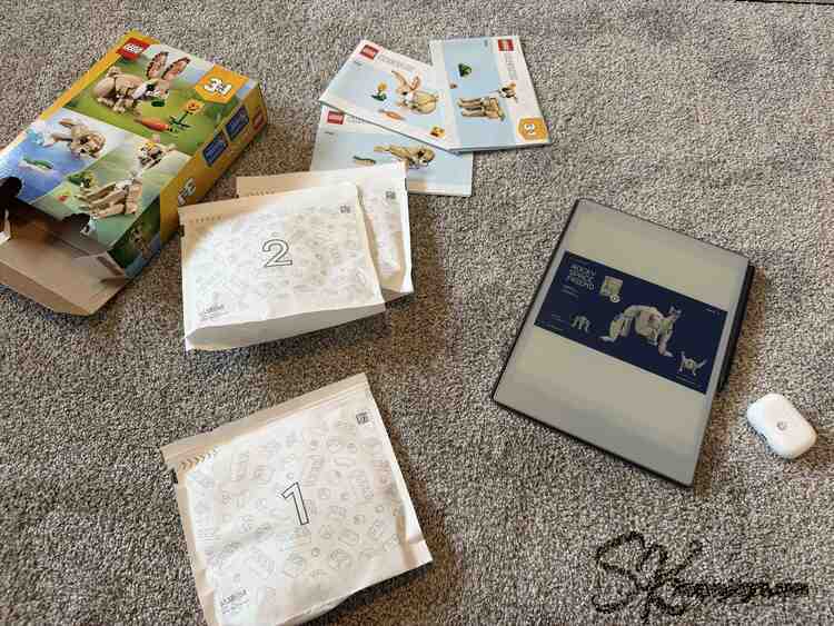 Flat lay of open box, instructions books spread and set aside, three paper bags, instructions on the reMarkable Paper Pro, and my headphones.