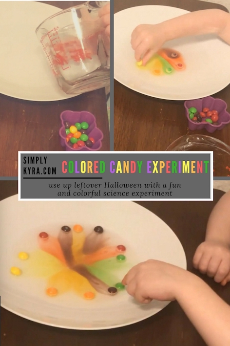 Pinterest image showing three views of making colored water from skittles. 