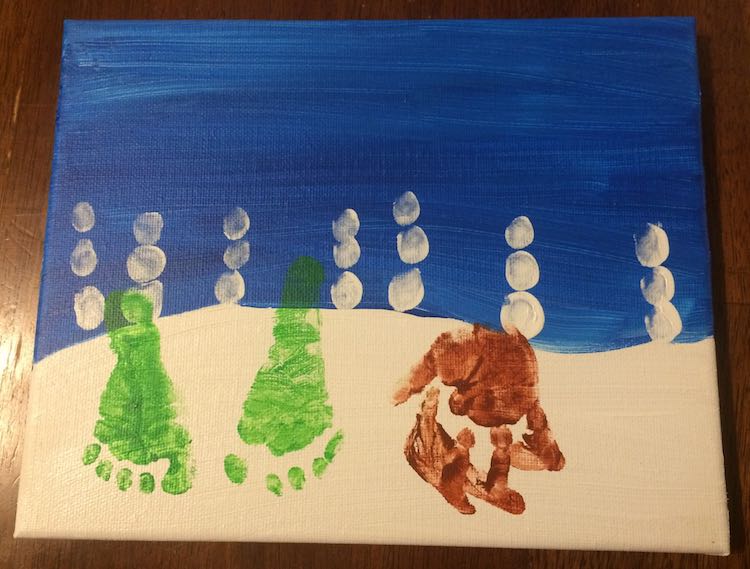 Add your footprints and upside down handprints. A.K.A. the base of your trees and reindeer.