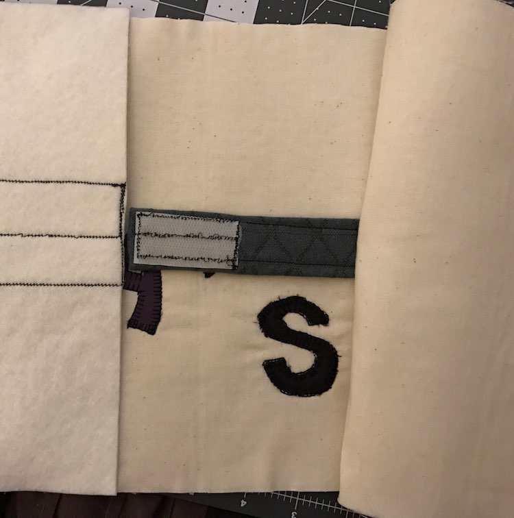 When pinning the cover pieces, wrong side out, start with the closure strap. Confirm it’s in the right place by lifting up the top piece and folding in the bottom piece to confirm it lines up to where you sewed the soft Velcro.