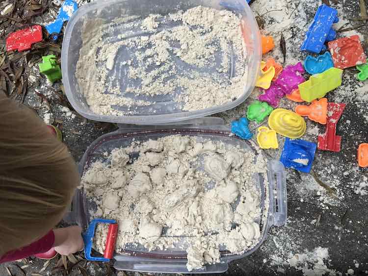 Cloud dough (mixture of flour and canola oil) is always fun and better outside if it isn’t too cold.