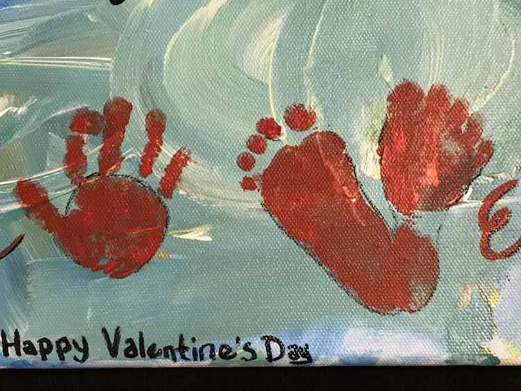 Add the handprint "O" and the two footprints "V".