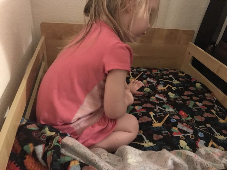 After jumping on the pillow for awhile she tossed it aside in excitement when she noticed more dinosaurs underneath it.