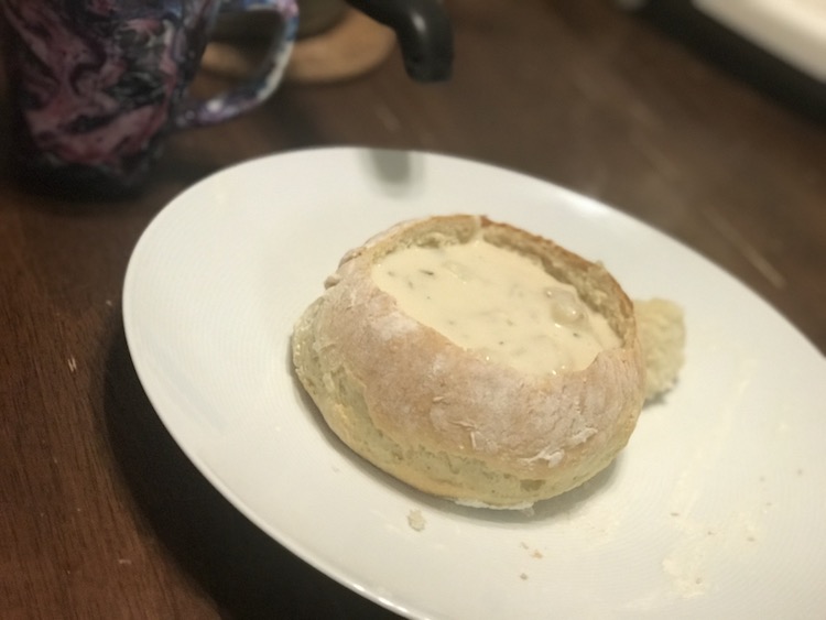 Bread bowl with clam chowder. Restaurant quality at home.