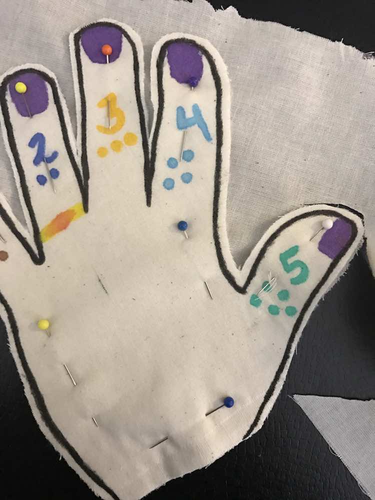 Traced my hand, numbered my fingers with dots and numerals, painted my fingernails, cut it out, and attached the white front and interfacing to another sheet of white fabric.. 