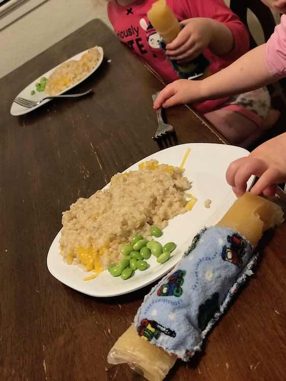 We chose a spicy dip that day as the kids prefer not to eat the chicken anyway. They had a small piece they ignored, the rest of the meal, cheese, and a frozen applesauce freezie for supper.