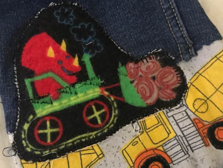 Close up of the green construction vehicle; my something green for the 52 weeks sewing challenge.