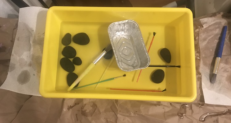 Cleanup was easy as it was divided up and the kids 'cleaned' the unpainted rocks and tools in their sensory bin.