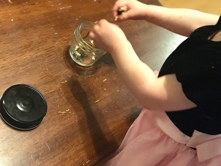 Used the tips I cut off the ends of the felt 'pasta' strips with an empty jar to distract Zoey when she was done with the sensory play while I was sewing.