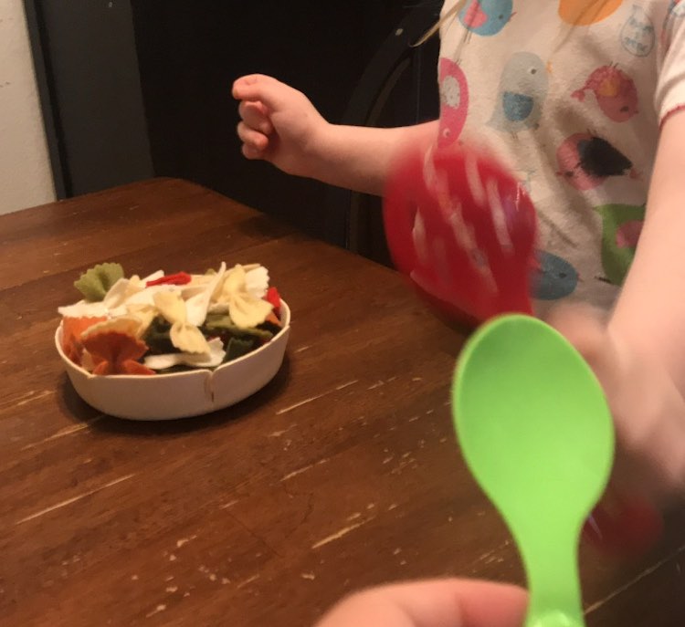 We cheers'ed our plates and then our spoons before 'eating' the pasta.