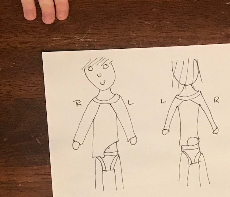 Quickly grabbed two sheets of paper and drew out the raglan for both girls... at the time I left the underwear off of Zoey's, but made sure it was visible for Ada. Figured you couldn't forget the belly button and added a face and hair so she'd know which was the front and which was the back. 