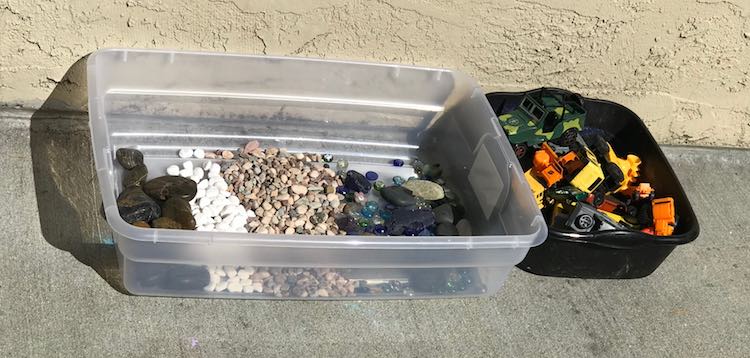 If your rock bin is in the sun you may want to keep a lid on it up until the birthday party goes outside so the rocks don't get too hot. 
