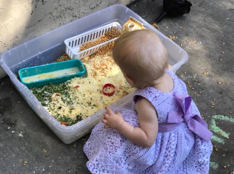 Zoey playing with the sensory bin.