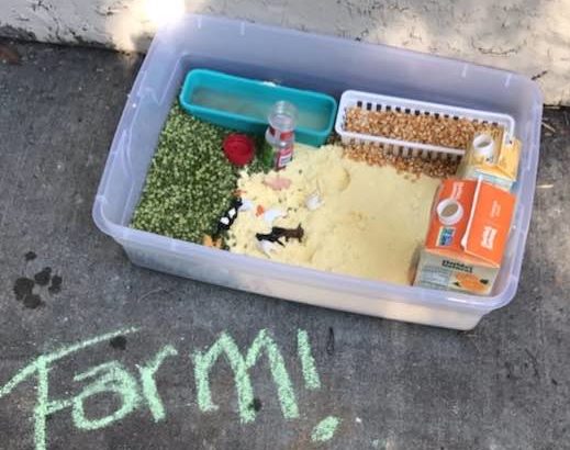 Farm sensory bin including two silos, a water trough, and a feed trough. Water, popcorn kernels, lentils, and cornmeal were used for the materials.