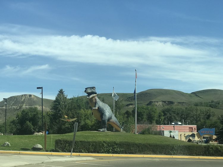 Large dinosaur on the corner by the Aquaplex, dino-themed spray park, and the climbable 'world's largest dinosaur'.