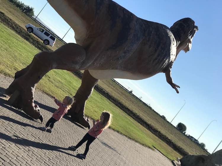 Excited to see their first dinosaur... or to be out of the vehicle.