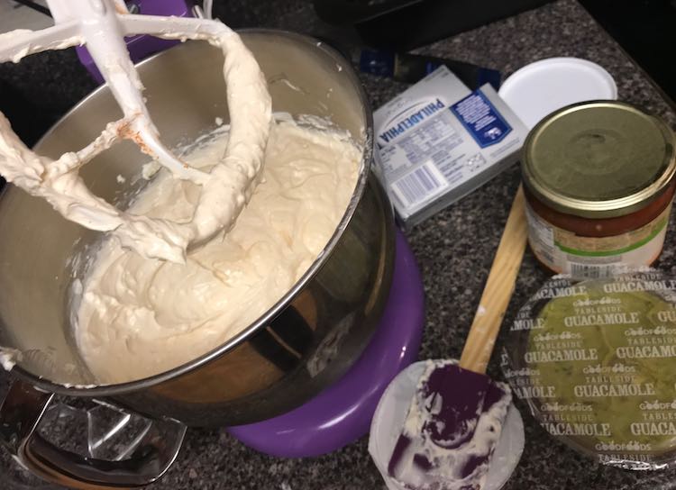 I forgot to take the cream cheese out of the fridge to warm but that doesn't matter when you can mix it into submission. You know your dip is going to be easy when your 'hardest' layer is mixing the cream cheese together with two other ingredients.