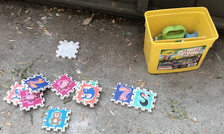 Sidewalk chalk and puzzles.