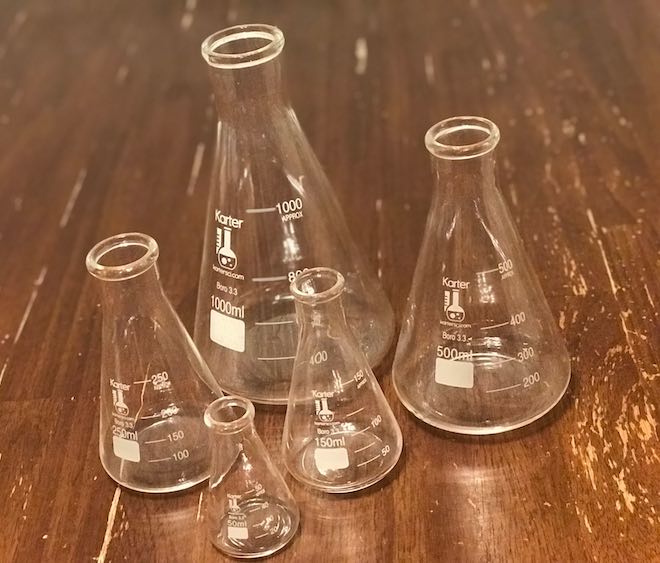 Erlenmeyer flasks.