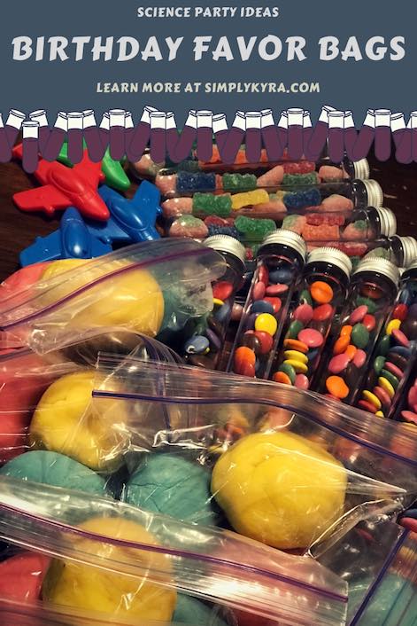 I extended our science birthday party theme to our favor bags. I made playdough in the three primary colors for color-mixing and then left the rest simple by buying food-safe test tubes to contain some Canadian smarties and sour candy. 