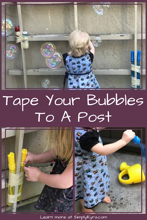 Stop your bubble mix from being constantly spilled by taping the bubble wands or bottles to a post. I used simple masking tape for mine.