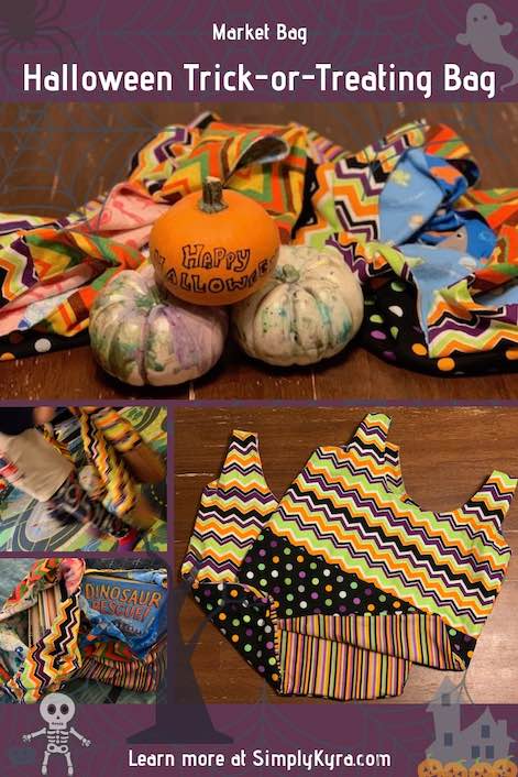 Sew up a simple Halloween trick or treat bag. Perfect for making your rounds, using it as a grocery bag, or bringing it along to the library.